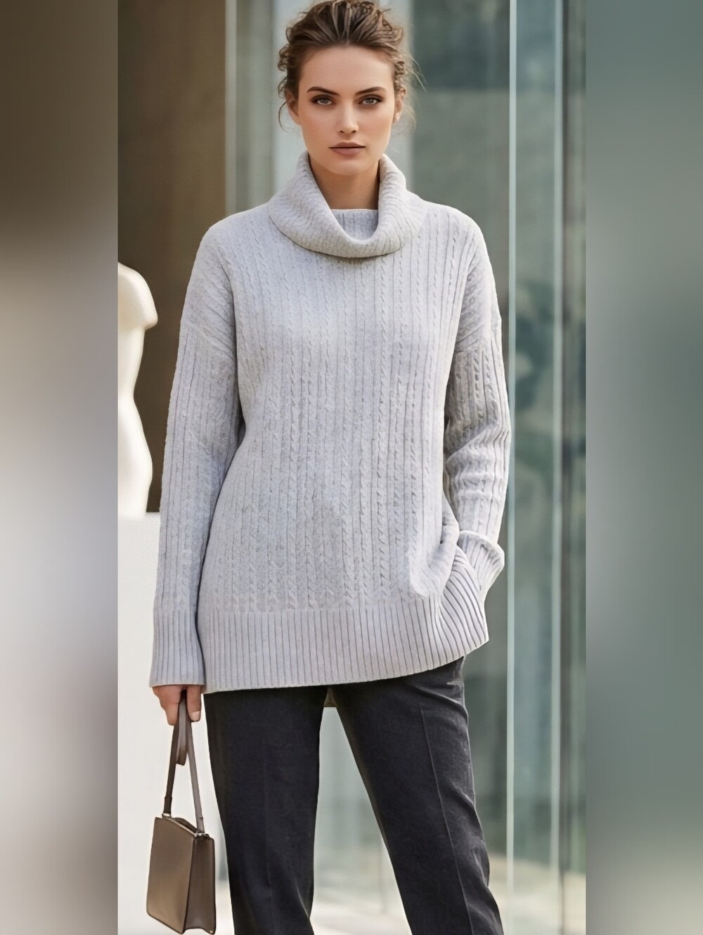 Pure Collection Light Gray Cable Knit CowlNeck Sweater Sz L Wool Cashmere Mohair